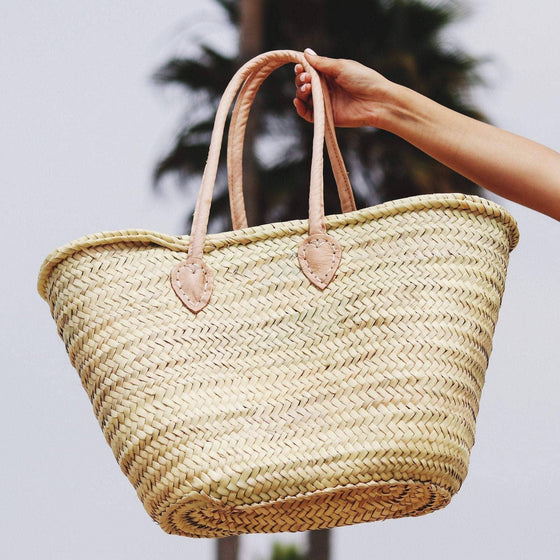 Market basket STRAW BAG Handmade with leather, French Market