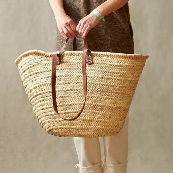 Market basket STRAW BAG Handmade with leather, French Market