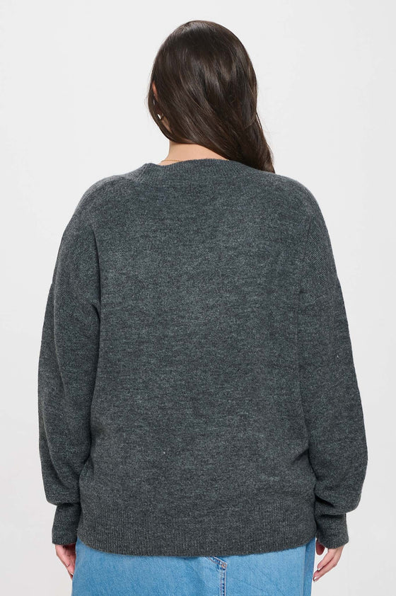 SOLID V NECK DROP SHOULDER KNIT SWEATER