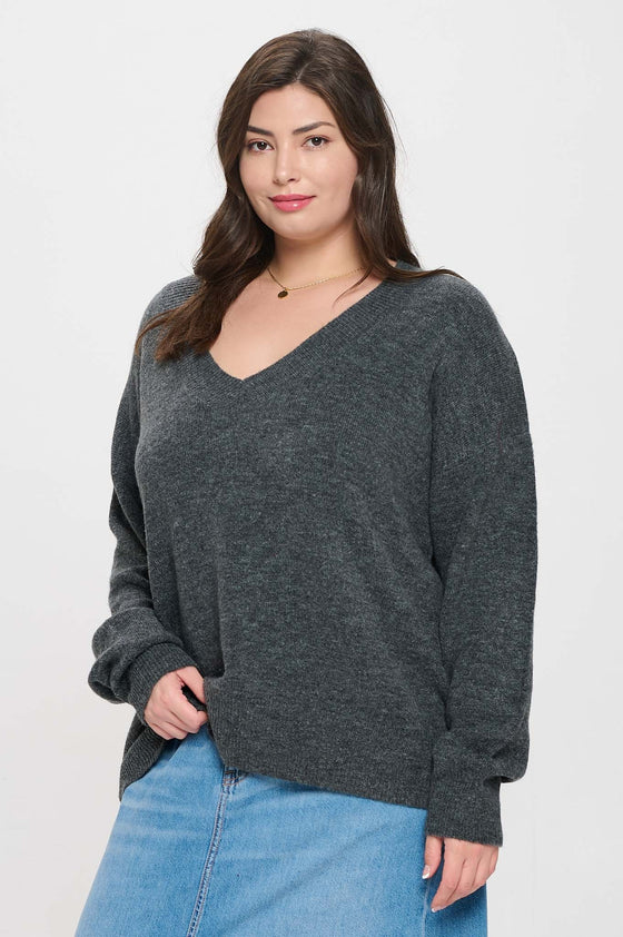 SOLID V NECK DROP SHOULDER KNIT SWEATER