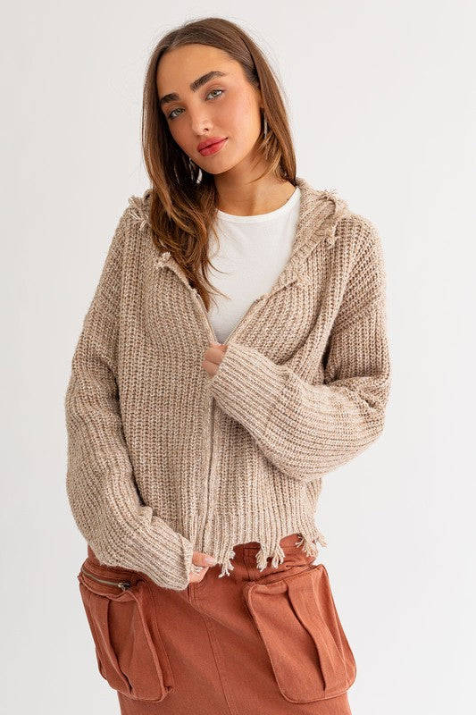 Frayed Zip Up Sweater