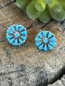  Navajo Sterling Silver & Turquoise Cluster Stud Earrings Signed